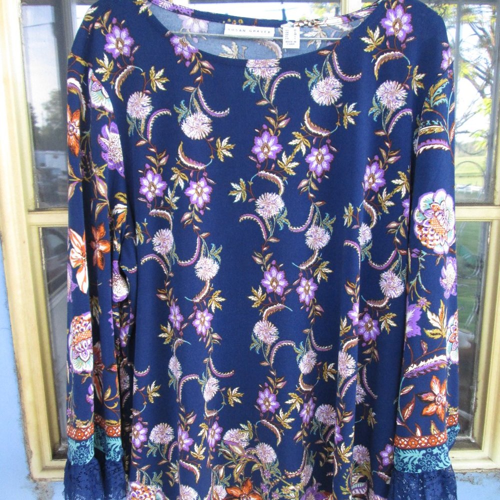 Susan Graver Floral Pattern Liquid Knit 3/4 Sleeve Tunic Top - M Navy Purple